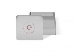 Caixa metálica - embalagem quadrada - personalizada na tampa - gravação através de serigrafia